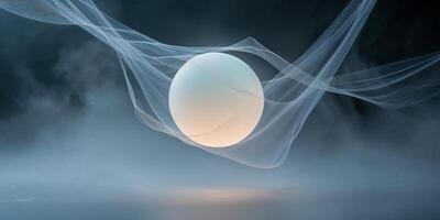 Glowing Orb of Intertwined Threads Illuminated in Dark Setting photo