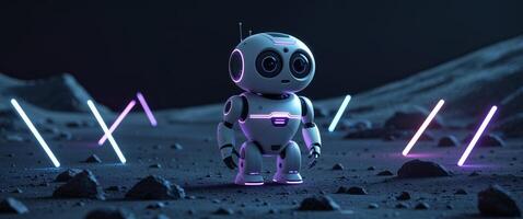 Cute robot explorer on a mysterious planet with glowing lights during nighttime adventures. photo