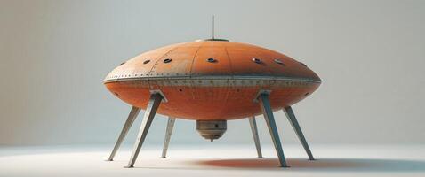 Rusty Orange Round Spaceship With Three Legs. photo