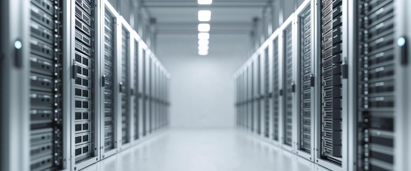 Server room infrastructure featuring multiple rows of rack mounted servers photo
