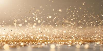 Shimmering golden particles create a mesmerizing background effect with soft light. photo