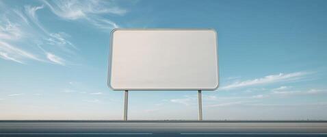 Blank White Square Billboard with Rounded Corners on Empty Road Under Blue Sky. photo