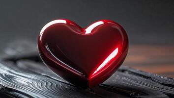A Glossy Red Heart Object Rests Upon a Dark Wooden Surface. photo
