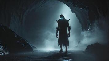A dark figure standing in front of a cave photo