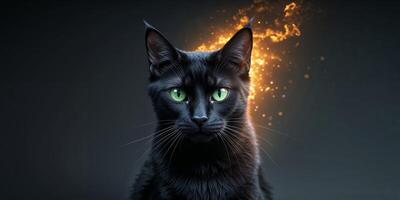 A black cat with glowing eyes is in the middle of a fire photo