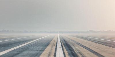 An empty runway with a foggy sky photo