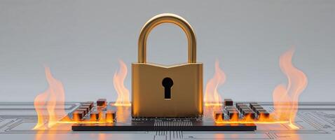 A lock on top of a circuit board with flames photo