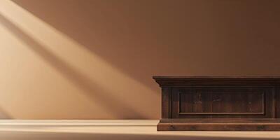 An empty wooden desk in front of a wall photo