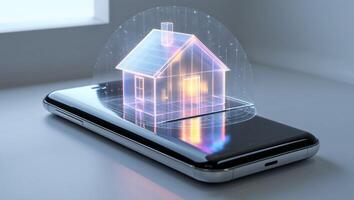 Smart home concept with glowing holographic house emerging from a mobile device photo