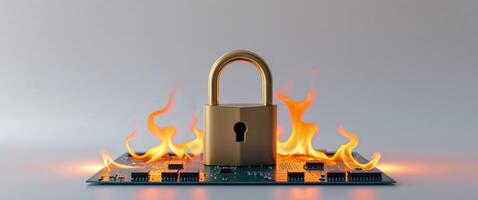 Golden Padlock Over Circuit Board With Orange Fire Representing Data Security photo