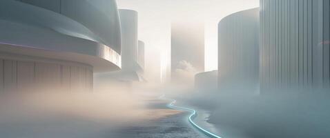 Foggy futuristic path between structures photo