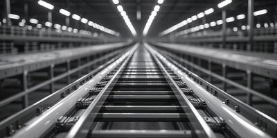 Automated Conveyor Belt System in a Large Distribution Warehouse. photo