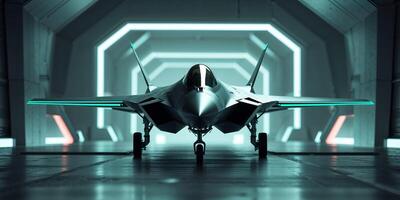 Advanced fighter jet with glowing teal lights in a futuristic hangar photo