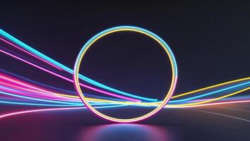 Round frame made of dynamic neon curved lines for technology concepts illuminating modern design photo
