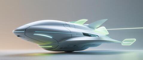 Futuristic spacecraft design featuring sleek lines and glowing accents on a neutral background. photo