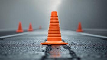 Flawless Picture of Close Up of an Orange Traffic Cone on the Road Copy Space photo