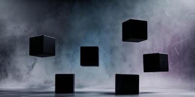 Floating Black Cubes in Abstract Background. photo