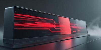 Futuristic display panel with advanced interface showcasing red graphics. photo