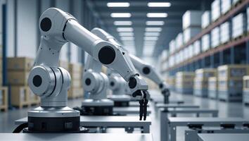 Automated robotic arms in a modern warehouse setting photo