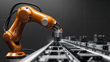 Orange Robotic Arm Assembling Components on a Conveyor Belt. photo