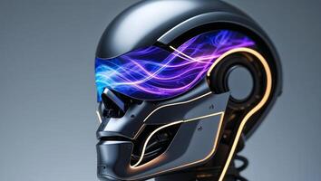 A futuristic robot head featuring screen display and glowing accents photo