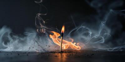 Flame and smoke dance from a lit match in a dark setting photo