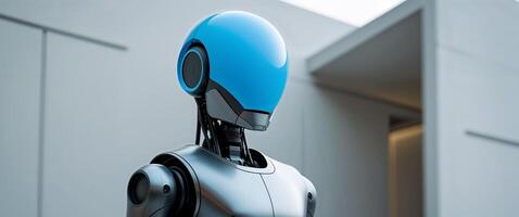 A robot with a blue helmet is standing in front of a building. photo