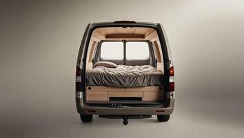 Van converted with a bed in the back for comfortable sleeping during road trips and adventures photo