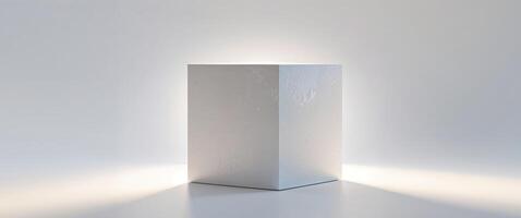 White cube bathed in light with textured surface stands still photo