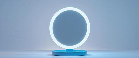 Modern blue lighted vanity mirror on a studio backdrop. photo