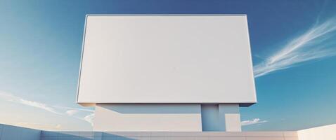 A large white billboard is standing in front of a building photo