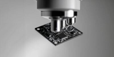 A microscope inspecting a small circuit board component up close. photo