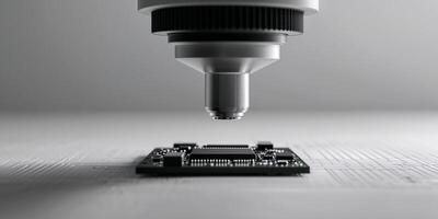 A microscope inspecting a small circuit board component up close photo