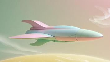 Retro Futuristic Spaceship in Pastel Colors Flying Above a Planet photo