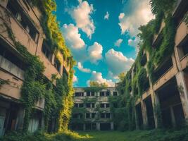 Urban Exploration of Abandoned Building with Greenery and Sky. photo