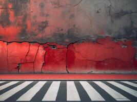 Pedestrian crossing in front of weathered red wall photo