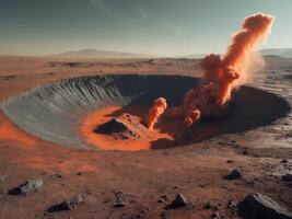 Meteorite Crater Impacting Mars Surface Creating a Large Crater and Dust photo