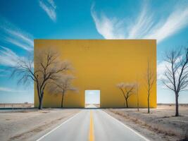 Bright blue sky over a stark yellow wall with minimal features along a deserted road. photo