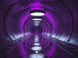 Futuristic underground tunnel with purple lighting and reflections on wet surface leading to circular openings in the ceiling. photo