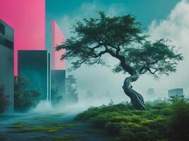 Contrast Between Nature and Industry in a Futuristic Abstract Concept. photo