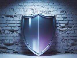 Digital Security Concept with Shield and Brick Wall Background photo