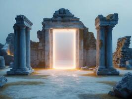 An open door in a stone building with pillars photo