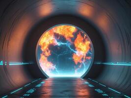 Futuristic tunnel with glowing light and fire photo