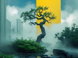 A tree in the middle of a city with a yellow and green background photo