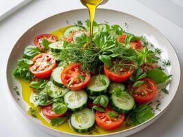 A salad with tomatoes, cucumbers and herbs being poured with olive oil photo