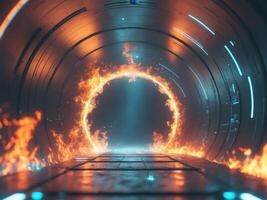 Burning planet viewed through portal in futuristic tunnel. photo