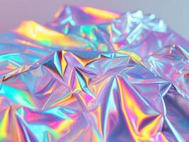 Holographic Crumpled Foil Abstract Background Dynamic Colors Futurism Iridescent Texture Retro Style. photo