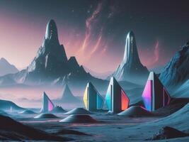 Alien Futuristic Colony Structures Amidst Diverse Landscapes on Extraterrestrial Planet Showcasing the Possibility of an Intergalactic Civilization photo