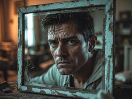 Reflection of a Troubled Man in a Rustic Mirror Surrounded by Chaos in a Dimly Lit Room. photo