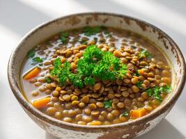 Hearty lentil soup topped with fresh parsley in a rustic bowl photo